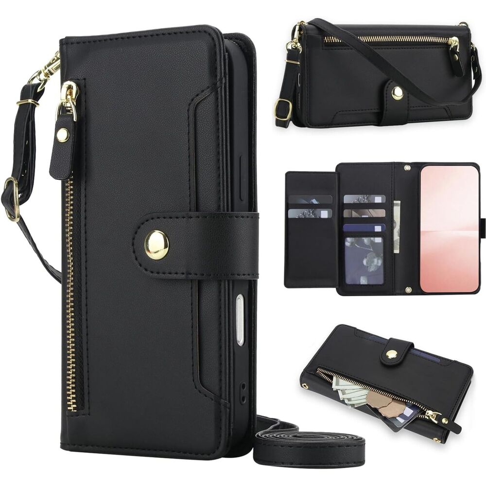 iPhone 17E Crossbody Case Black Wallet Zipper Card Holder Wrist Strap Kickstand